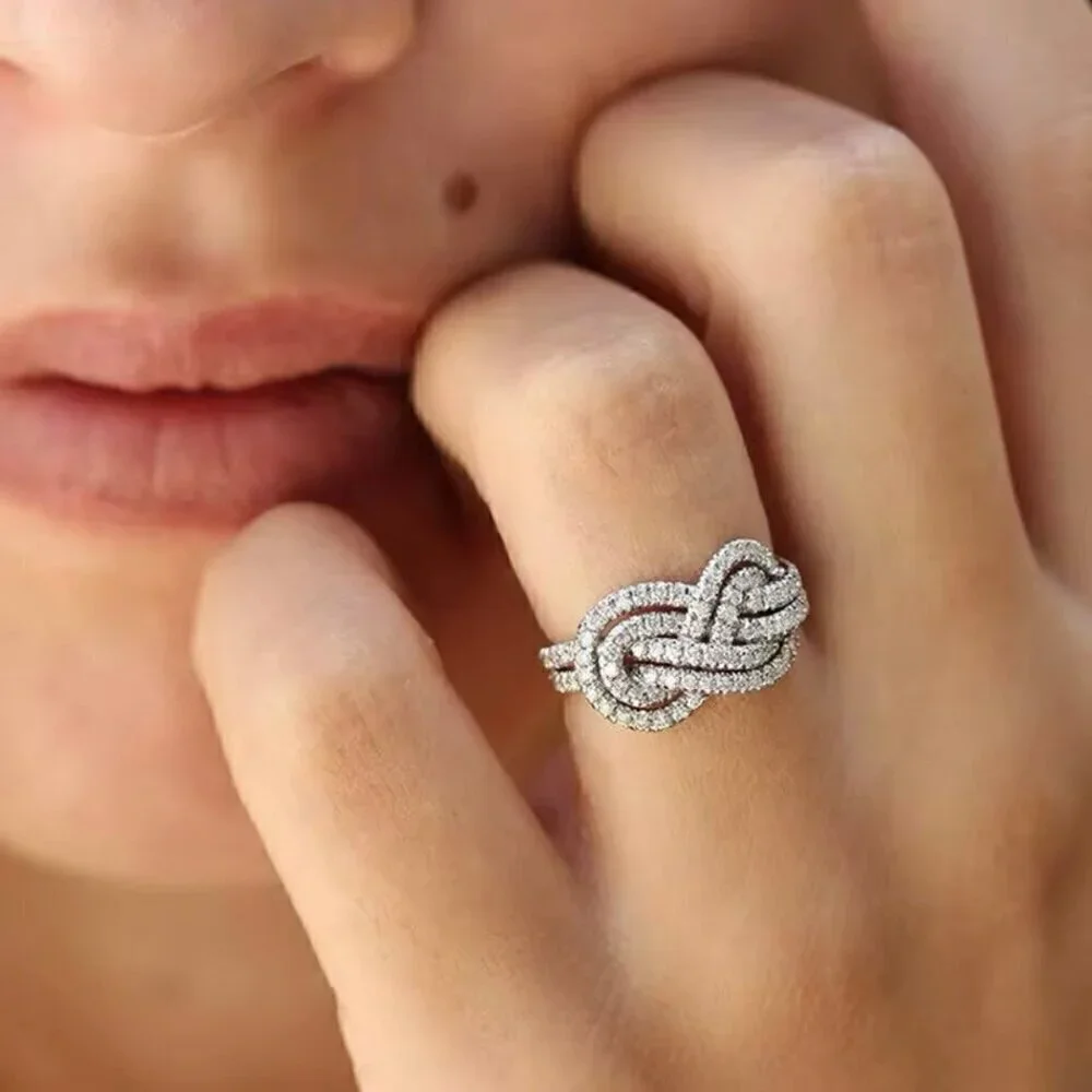 NEW 14K White Gold Plated Cubic Zirconia Pave Infinity Knot Ring Sz. 8